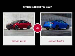 a red 2024 Nissan Versa image next to a blue 2024 Nissan Sentra | Vancouver, WA